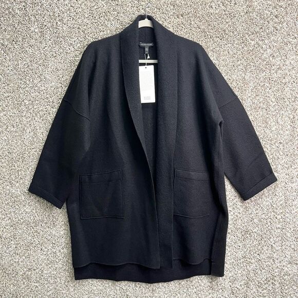Eileen Fisher Coat Women’s S Black 100% Boiled Wool Open Front Oversized Kimono - Picture 1 of 9